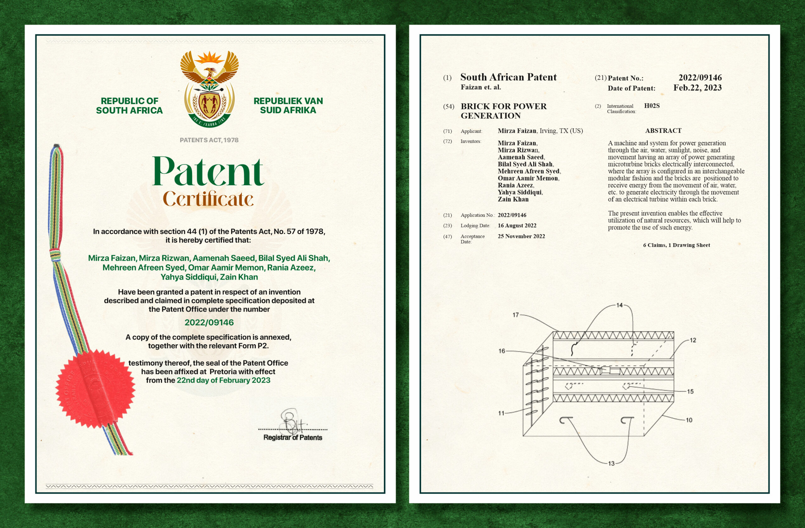 SA Patent Certificate Electricity generating tiles using micro-turbines for air and water South African Patent No.: 2022/09146