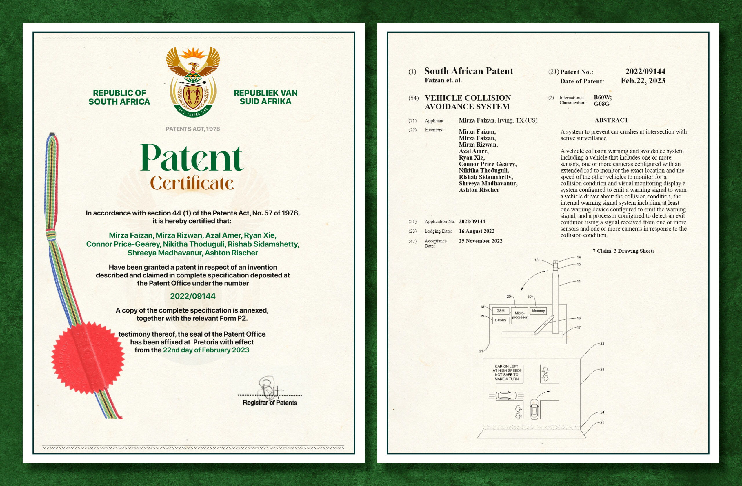SA Patent Certificate System to prevent car crash at intersection with active surveillance South African Patent No.: 2022/09144