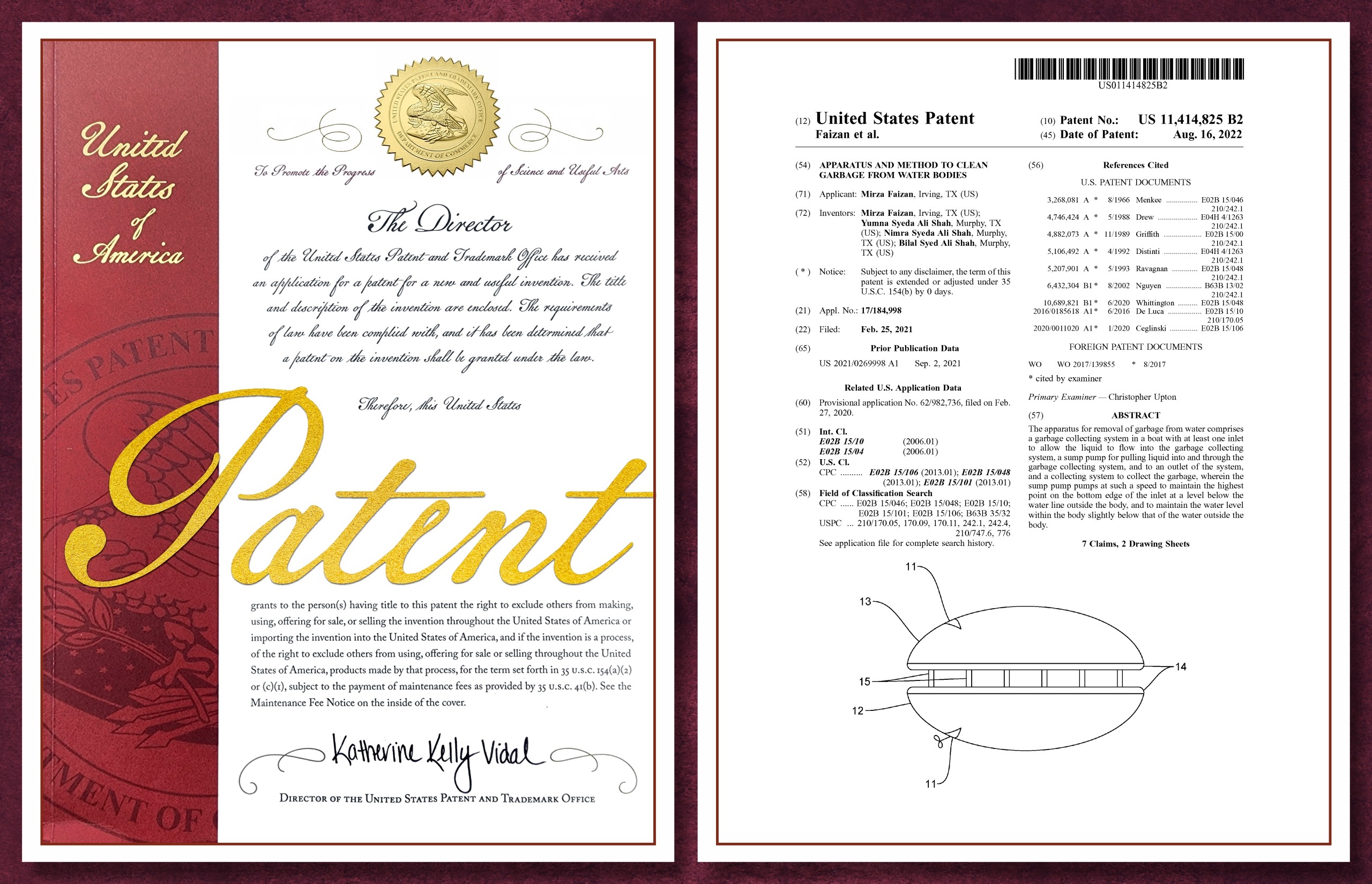 Patent Certificate: Apparatus and method to clean garbage from water bodies [Patent# US20210269998A1]