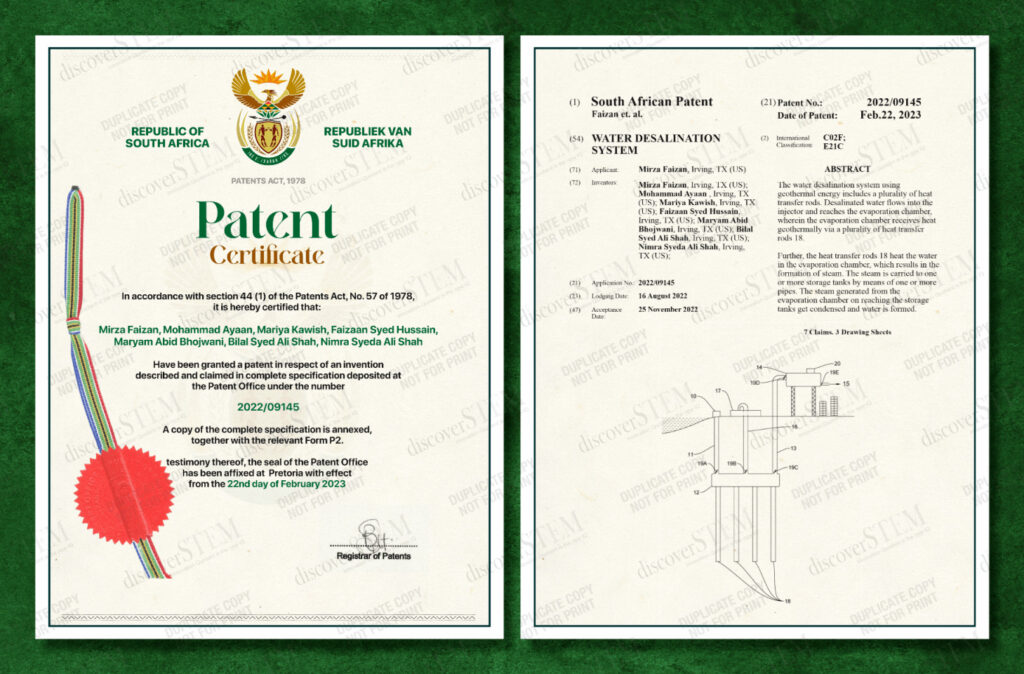 SA Patent Certificate: Geothermal based water desalination system with multiple tanks Patent No.: 2022/09145