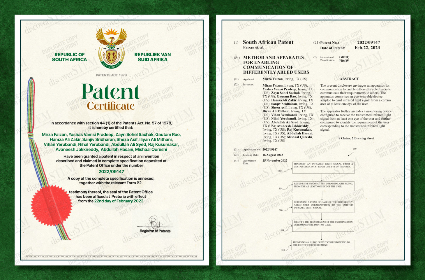 SA Patent Certificate An apparatus to enable differently abled users to communicate and a method thereof. Patent No.: 2022/09147