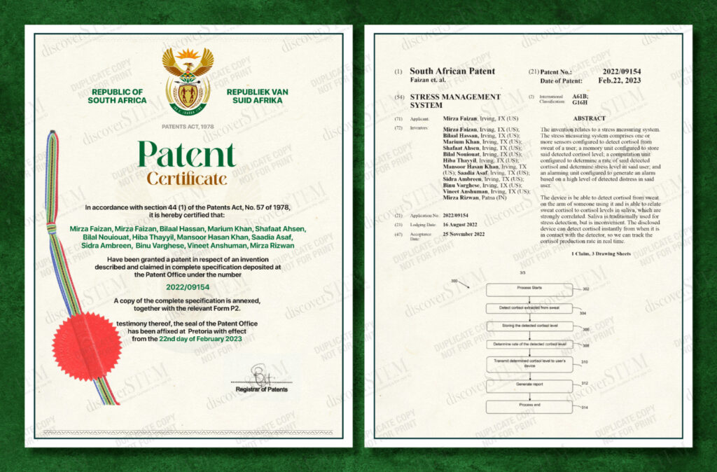 SA Patent Certificate System to detect and manage Stress Patent No.: 2022/09154