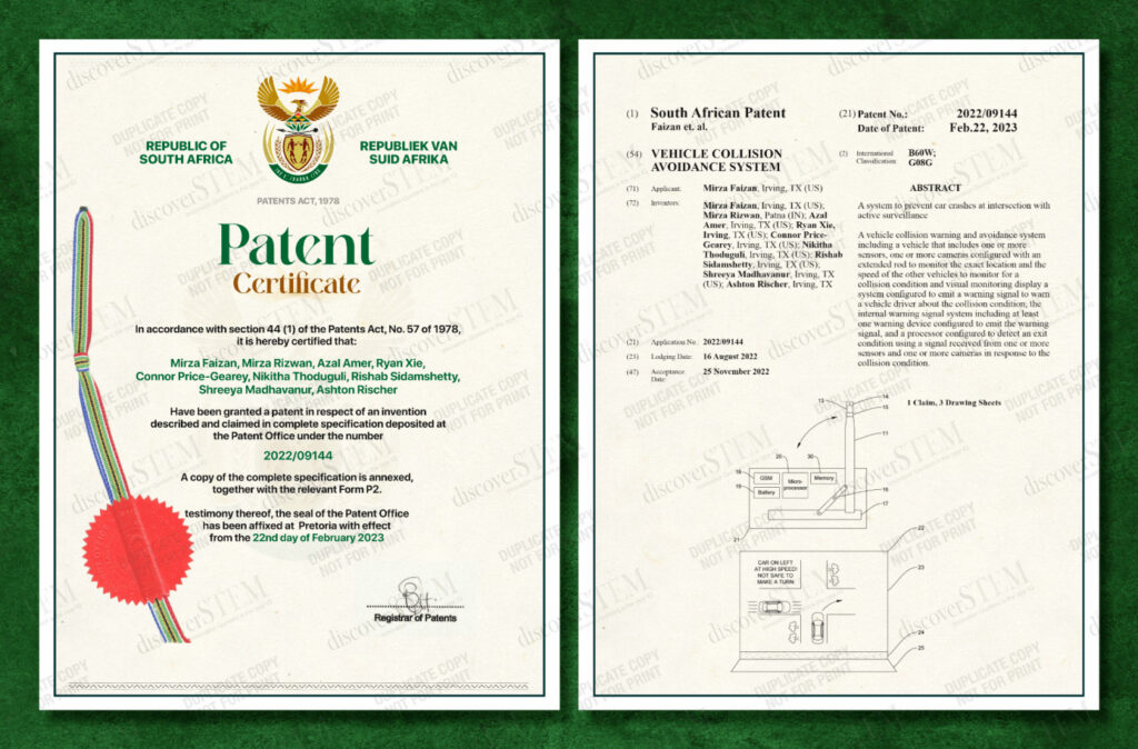 SA Patent Certificate System to prevent car crash at intersection with active surveillance. Patent No.: 2022/09144