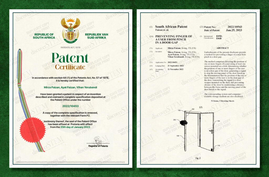 SA Patent Certificate Preventing finger of a user from pinch in a door gap. Patent No.: 2022/10453