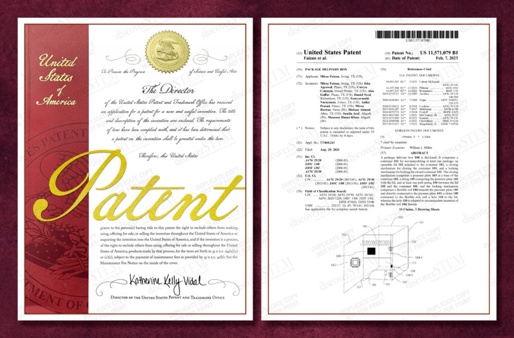Patent Certificate: A package delivery box [Patent# US11571079B1]