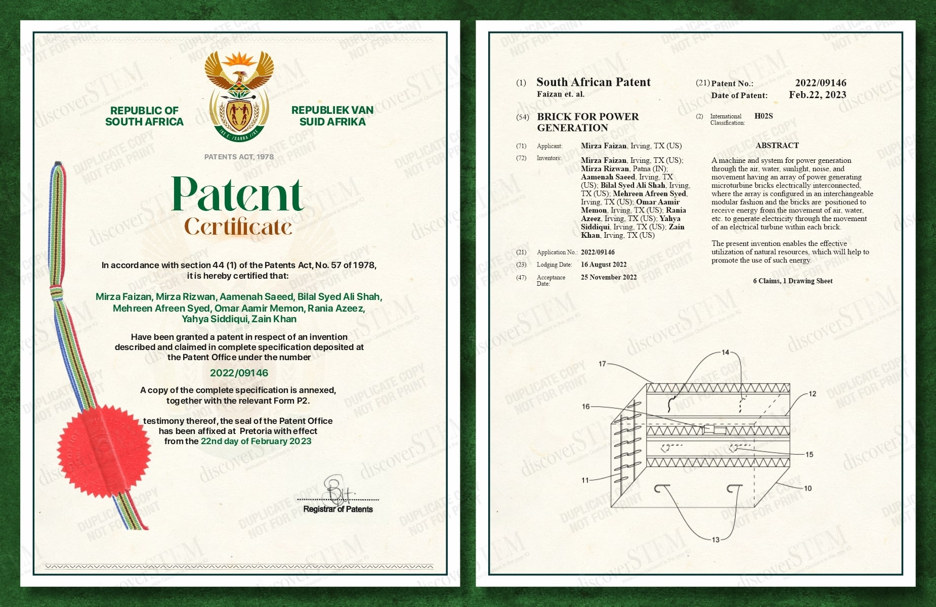 SA Patent Certificate: Brick for power generation [2022/09146]