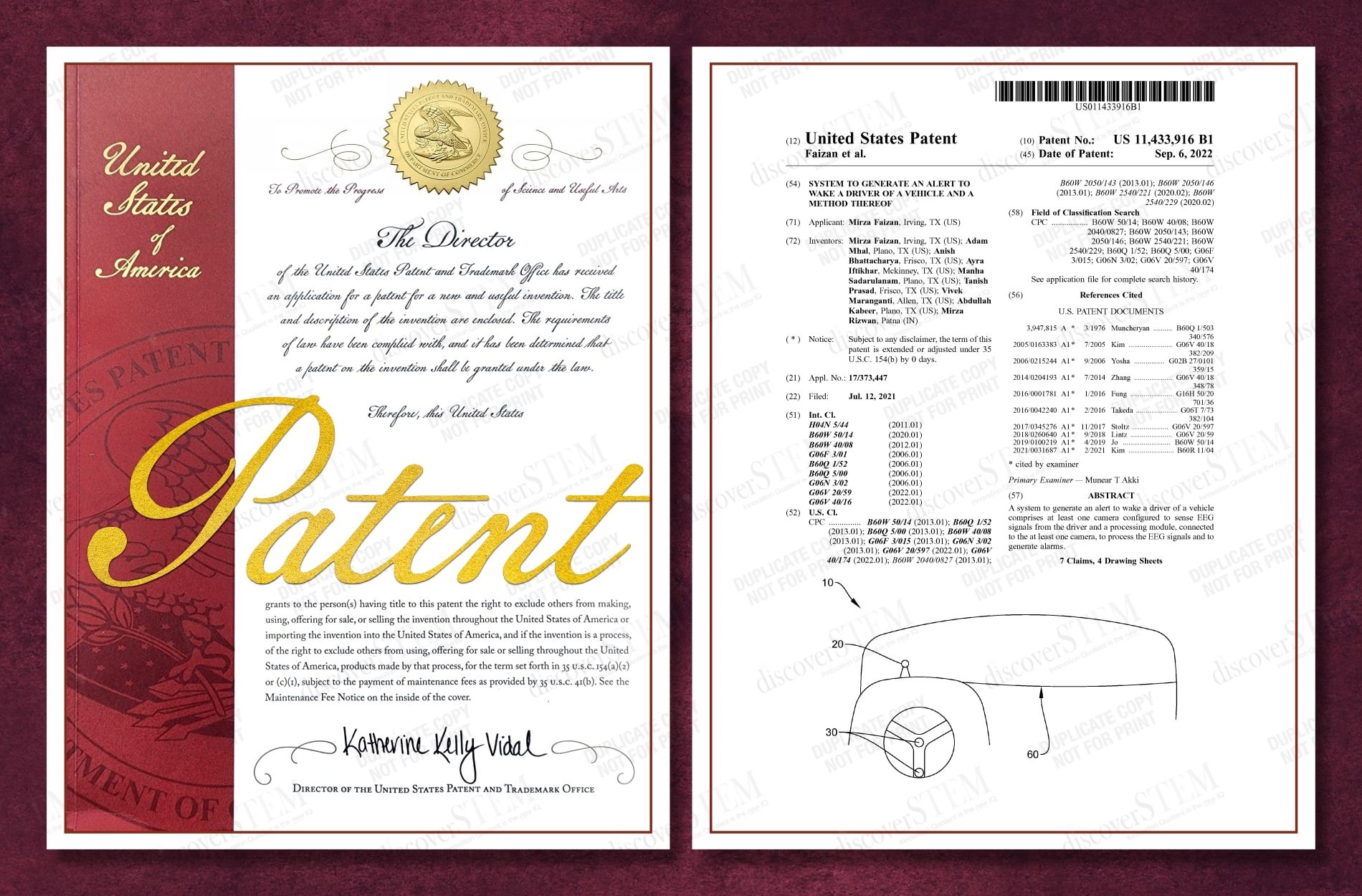 US Patent Certificate: A system to generate an alert to wake a driver of a vehicle and a method thereof [11433916]