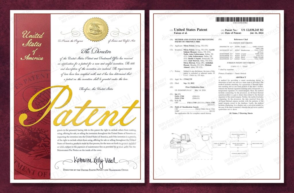 US Patent Certificate:Method and system for preventing injury by friendly fire [12038245]