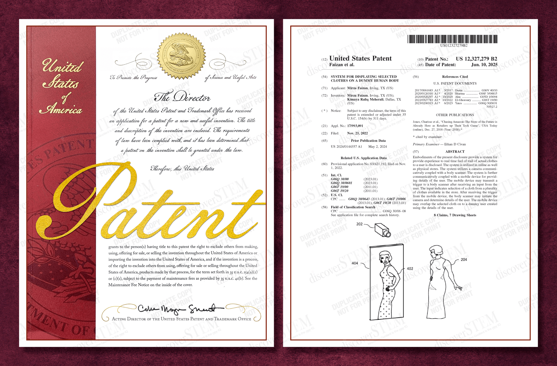 US Patent Certificate: A System For Displaying Selected Clothes On A Dummy Human Body