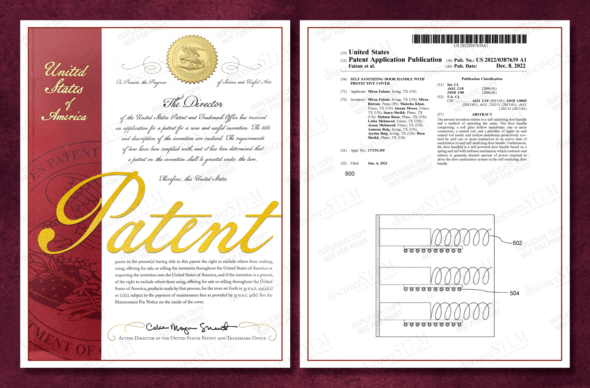 US Patent Certificate: Self Sanitizing Door Handle With Protective Cover